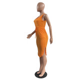 Solid Color V-Neck Vest Ruffle Hem Sexy Dress