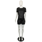 Casual PU Leather Short Sleeve Two Piece Set