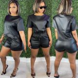 Casual PU Leather Short Sleeve Two Piece Set