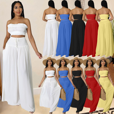 Solid Color Fashion Wide Leg Wrap Chest Casual Two-piece Set