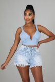 High-waisted Ripped Fringed Wide-leg Casual Denim Shorts