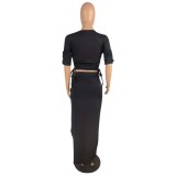 Solid Color Pleated Half-sleeve Slit Skirt Two-piece Set