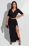 Solid Color Pleated Half-sleeve Slit Skirt Two-piece Set