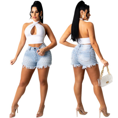 High-waisted Ripped Fringed Wide-leg Casual Denim Shorts