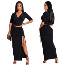 Solid Color Pleated Half-sleeve Slit Skirt Two-piece Set