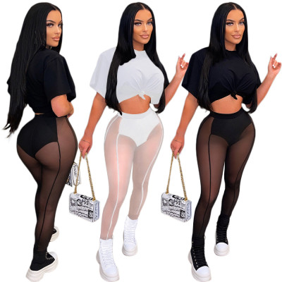 Sexy Mesh Gauze Perspective Stitching Pencil Pants Set