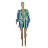 Casual Long Sleeve V-Neck Tie Printed Shirt Shorts Set