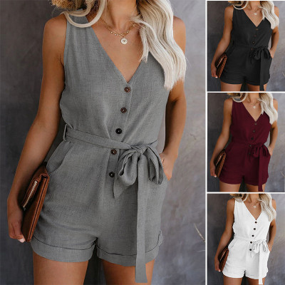 2022 Summer New Casual V-neck Bow Five-point Jumpsuit