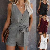 2022 Summer New Casual V-neck Bow Five-point Jumpsuit