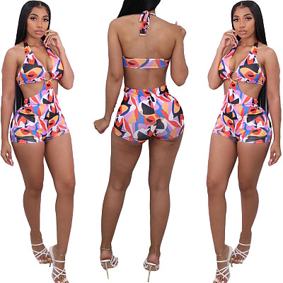 Trendy Colorful Print Halter One Piece Swimsuit