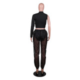 Hollow-out Burnt Sexy Top See-through Trousers Two-piece Set