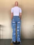 Fashion Ripped Washed Fringe Long Jeans