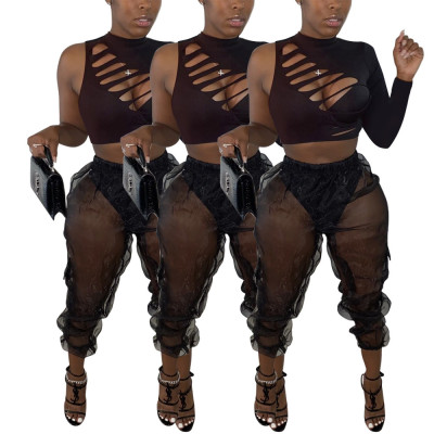 Hollow-out Burnt Sexy Top See-through Trousers Two-piece Set