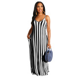 Fashion Summer Casual Loose Sleeveless Striped V-Neck Dress