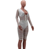 Fashion Mesh Yarn Splicing Smocked Wrap Bust Sexy Jumpsuit