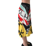 Casual Pressed Pleated Digital Print Swing Skirt