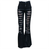 Fashion Casual Ripped Hole Burning Flower Personality Flared Denim Trousers
