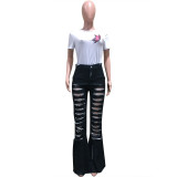 Fashion Casual Ripped Hole Burning Flower Personality Flared Denim Trousers