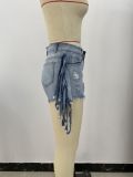 Casual Hit Color Fringed Ripped Denim Shorts