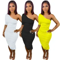 Solid Color Single Sleeve Pleated Irregular Dress