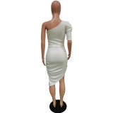 Solid Color Single Sleeve Pleated Irregular Dress