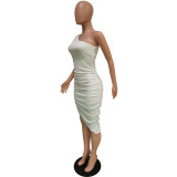 Solid Color Single Sleeve Pleated Irregular Dress