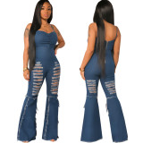 Sexy Fashion Washed Ripped Hole Suspender Denim Jumpsuit