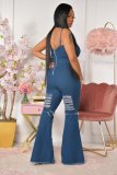 Sexy Fashion Washed Ripped Hole Suspender Denim Jumpsuit