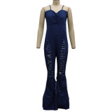 Sexy Fashion Washed Ripped Hole Suspender Denim Jumpsuit