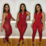 Sexy Skinny Fashion Side Mesh Gauze Jumpsuit