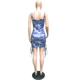 Fashion Sling Print Drawstring Dress