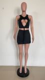 Sexy Fashion Hollow Vest Solid Color Two Piece Set