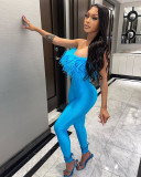 Sexy Tube Top Off Shoulder Slim Fit Feather Jumpsuit