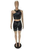 PU Faux Leather Tank Top Shorts Two-Piece Set