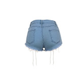 Lace-Up Micro Fringe Denim Shorts
