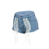 Lace-Up Micro Fringe Denim Shorts