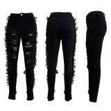 Tassel Ripped Hole Solid Color Slim High Stretch Jeans