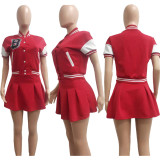 Fashion Sexy Letter Print Baseball Uniform Pleated Skirt Two Piece Set