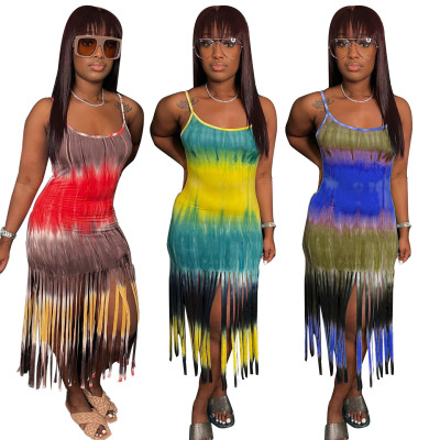 Cute Tie-dye Print Fringed Slip Dress