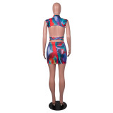 Printed Wrap Chest Hanging Neck Sexy Fashion Two-piece Suit