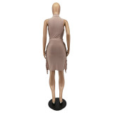 Fashion Solid Color Sleeveless Fringe Dress Suit