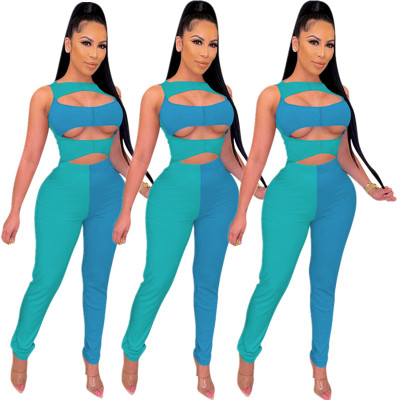 Color Matching Fashion Personality High Elastic Hollow Two-piece Set