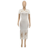 Casual Pit Strip Solid Color Fringed Dress
