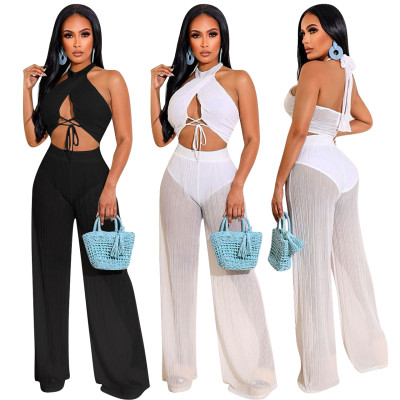 Bright Silk Tie Wrap Chest Wide Leg Pants Set