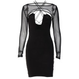 Mesh Pullover Long Sleeve Sexy Hollow Halter Dress Two Piece Set