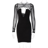 Mesh Pullover Long Sleeve Sexy Hollow Halter Dress Two Piece Set
