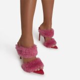 Stiletto Pointed Open-Toe Plush Double-Row Buckle Slippers