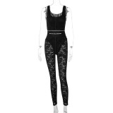 Fashionable Lace Stitching Shoulder Strap Slim Fit Jumpsuit