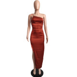 One-shoulder Slit Pleated Lace-up Dress