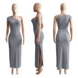 Solid Threaded Pleated Sloping Shoulder Slit Dress